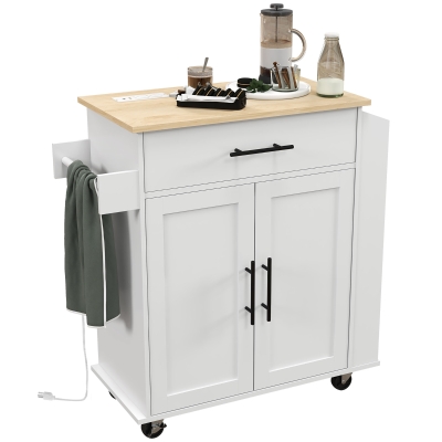 HOMCOM Rolling Kitchen Island with Power Outlets, Drawer & Doors, White