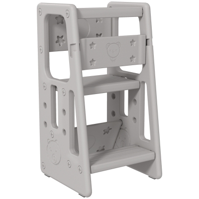 Qaba Toddler Kitchen Helper 2 Step Stool with Adjustable Height Platform and Safety Rail, Grey