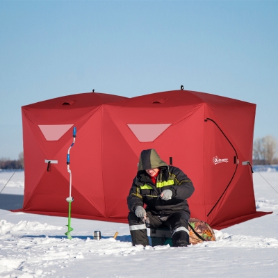 Outsunny 5-8 Person Pop-up Ice Fishing Shelter, Portable Ice Fishing Tent, Red