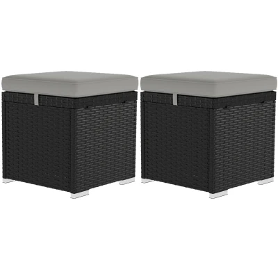 Outsunny 2 Pieces Wicker Outdoor Ottoman with Storage, Removable Cushion, Square Outdoor Footstool, Seating, Side Table, Grey
