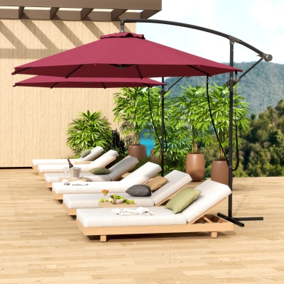 Outsunny 9.5' Cantilever Umbrella with Wind Protection Strap and Cover, Hanging Umbrella with Crank and Cross Base, UPF 50+, Red