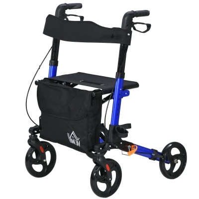 HOMCOM Rollator for Seniors with Seat, Back, Cane Holder, Aluminium Folding Rolling Walker with Adjustable Handle, Bag, Blue