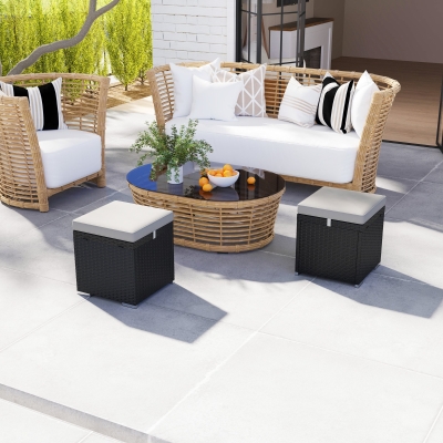 Outsunny 2 Pieces Wicker Outdoor Ottoman with Storage, Removable Cushion, Square Outdoor Footstool, Seating, Side Table, Grey
