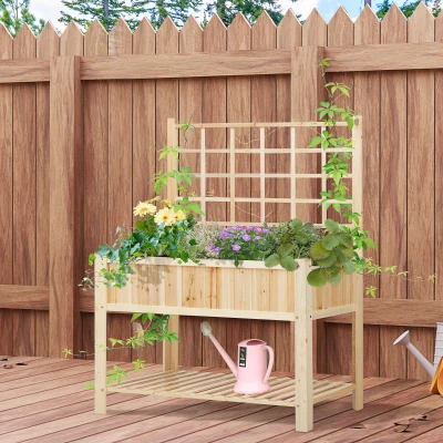 Outsunny 47'' Wooden Raised Garden Bed with Trellis, Elevated Planter