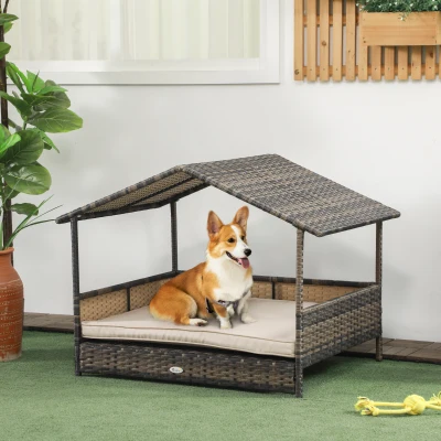 PawHut Wicker Dog House with Cushion, Khaki
