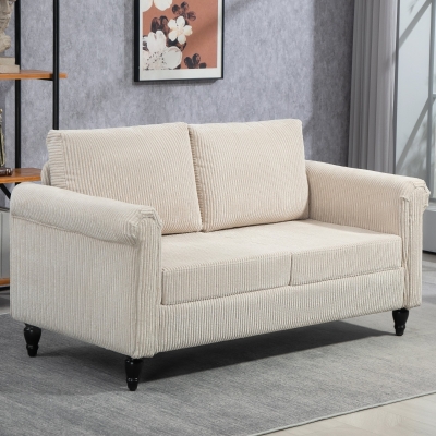 HOMCOM Vintage Loveseat, Upholstered Love Seat Furniture, Fabric 2 Seater Sofa with Rolled Arms, Rubber Wood Legs, Beige