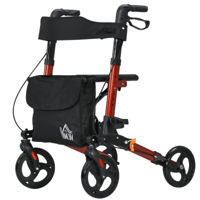 HOMCOM Rollator for Seniors with Seat, Back, Cane Holder, Aluminium Folding Rolling Walker with Adjustable Handle, Bag, Red