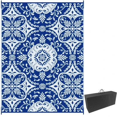 Outsunny Portable Outdoor Rug with Carry Bag, 9' x 12' Reversible Mat, Waterproof Plastic Straw RV Rug for Backyard, Deck, Picnic, Beach, Camping, Blue & White Flower