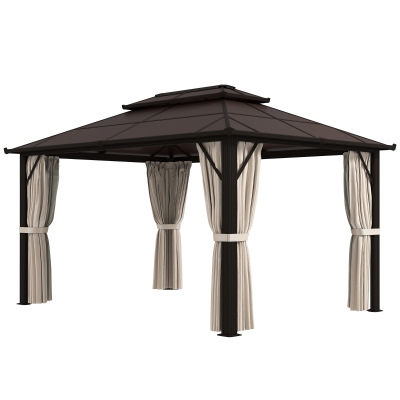 Outsunny 10' x 13' Hardtop Gazebo Canopy with UPF30+ Double Polycarbonate Roof, Aluminum Frame, Netting and Curtains, Beige