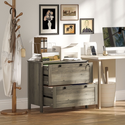 HOMCOM 2 Drawer File Cabinet, Lockable Filing Cabinet with Adjustable Hanging Bar for Letter, A4 Size, Weathered Grey Oak