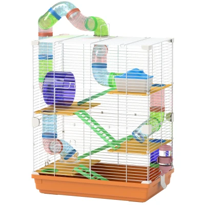 PawHut 5 Tiers Hamster Cage Portable with Exercise Wheels Play Tube Water Bottle Dishes House Ladder for Gerbils, Orange