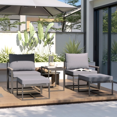 Outsunny 5 Pieces Outdoor Patio Furniture Set with Ottomans, Cushions, Small Patio Sofa Set for Garden, Backyard, Poolside, Grey