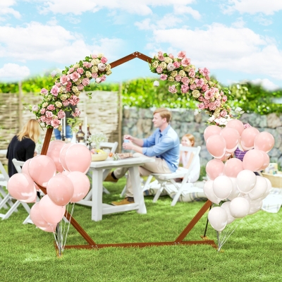 Outsunny 7FT Heptagon Wooden Wedding Arch with Triangular Base, Ground Stakes for Ceremony, Garden, Birthday, Brown