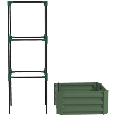 Outsunny Galvanized Planter Box, Outdoor Raised Garden Bed with 3-Tier Trellis Tomato Cage for Climbing Vines, Vegetables, Green