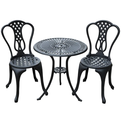 Outsunny 3 Pieces Antique Outdoor Bistro Set Cast Aluminum Patio Table and Chairs with Umbrella Hole, Black