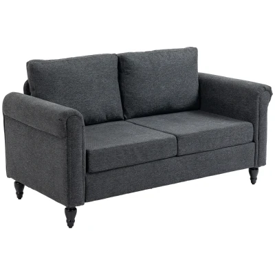 HOMCOM Vintage Loveseat, Upholstered Love Seat Furniture, Chenille-feel Fabric 2 Seater Sofa Couch with Rolled Arms, Gourd-Shaped Rubber Wood Legs for Living Room, Dark Grey