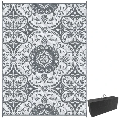 Outsunny Portable Outdoor Rug with Carry Bag, 9' x 12' Reversible Mat, Waterproof Plastic Straw RV Rug for Backyard, Deck, Picnic, Beach, Camping, Gray & White Flower
