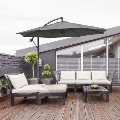 Outsunny 9.7ft Offset Patio UmbrellaCantilever Parasol with Crank Handle, 8 Ribs and Cross Base for Outdoor, Sun Shade, Cream