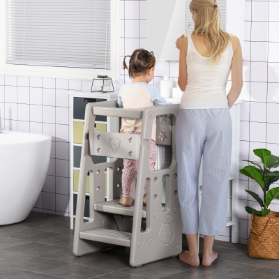 Qaba Toddler Kitchen Helper 2 Step Stool with Adjustable Height Platform and Safety Rail, Grey