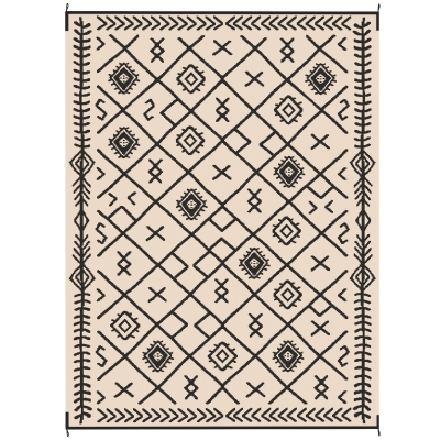Outdoor Rug 143.7" x 107.9" x 0.12" Black and Beige Rhombus