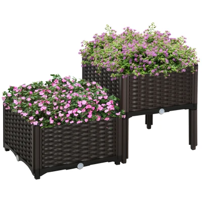 Outsunny 2 Piece Raised Garden Bed PP Raised Flower Bed Vegetable Herb Grow Box Stand Brown