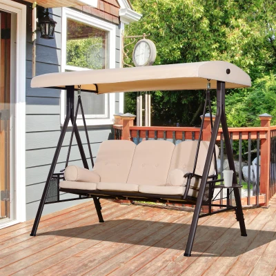 Outsunny 3-Seat Patio Swing Chair, Adjustable Canopy, Beige