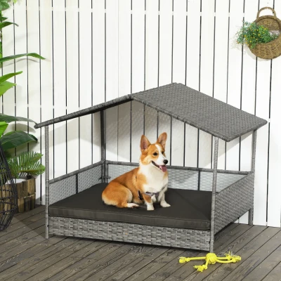 PawHut Rattan Outdoor Dog Bed with Canopy, Charcoal Gray