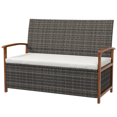 Outsunny Outdoor Rattan Bench with Cushion, Patio Loveseat, Patio Furniture, 50.2" x 25.2" x 31.9", Cream White