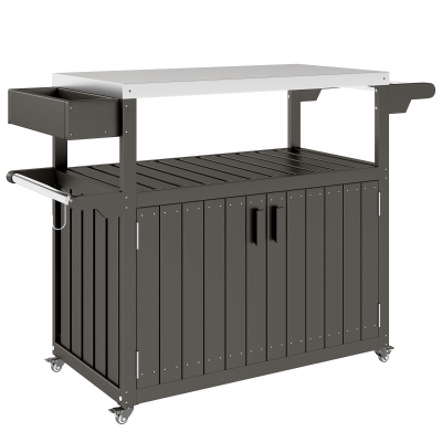 Outsunny Outdoor Bar Cart with Storage Cabinet, Stainless Steel Outdoor Bar Table Top, Wheeled HDPE Kitchen Island for Food Prep