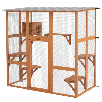 PawHut Outdoor Cat Enclosure Window Box with Weatherproof Roof, Bridge, Resting Box, Platforms, for 2 Kittens, Orange