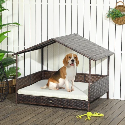 PawHut Rattan Dog Bed with Canopy, Medium & Large, Cream White