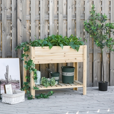 Outsunny Raised Garden Bed with Legs, Elevated Box Planter with Storage Shelf, Bed Liner for Backyard Patio, Natural Wood