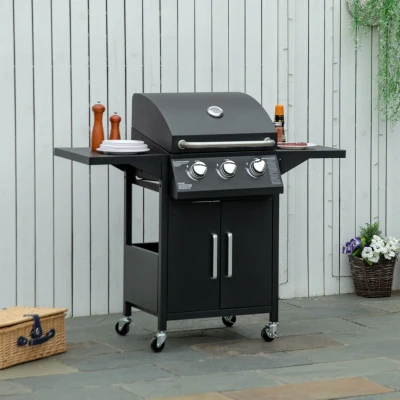 Outsunny Outdoor 3-Burner Gas Grill, Portable BBQ with Wheels, Black