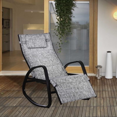 Outsunny Patio Rocking Lounge Chair Adjustable Texteline Zero Gravity Rocker Outdoor Recliner Seat w/ Pillow, Footrest