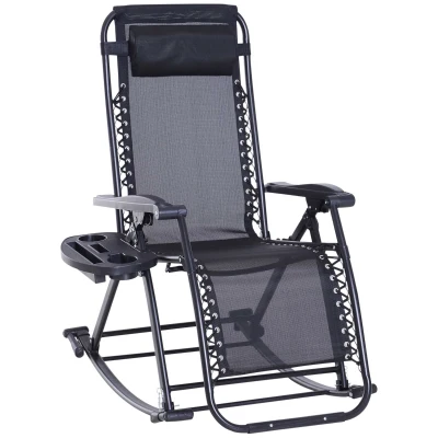 Outsunny 2 in 1 Adjustable Zero Gravity Reclining Lounge Chair Garden Recliner and Rocker Foldable Sun Lounger Napping Seat w/ Headrest & Tray Black