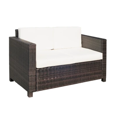 Outsunny 2 Seat Patio Loveseat Deluxe Wicker Sofa Chair Outdoor Rattan Furniture Couch All Weather with Cushion for Balcony, Deck, Garden and Poolside, Cream White