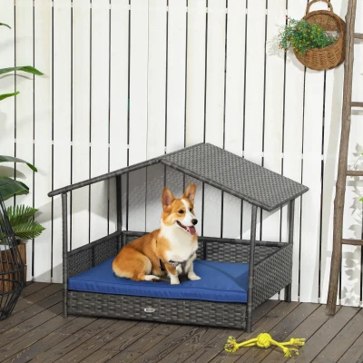 PawHut Wicker Dog House with Cushion, Dark Blue