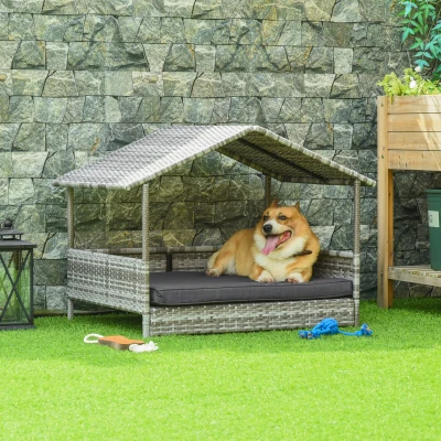 PawHut Elevated Wicker Dog House with Removable Cushion, Gray
