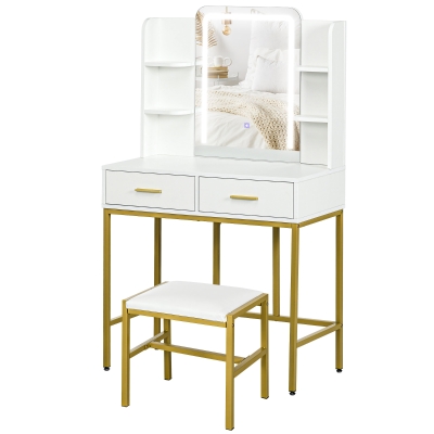 HOMCOM Makeup Vanity Desk Set with 3 Colour LED Lighting Mirror, Stool, Drawers, Shelves, Dressing Table for Bedroom, White