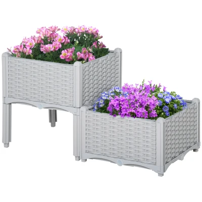 Outsunny 2 Piece Raised Garden Bed PP Raised Flower Bed Vegetable Herb Grow Box Stand Light Grey