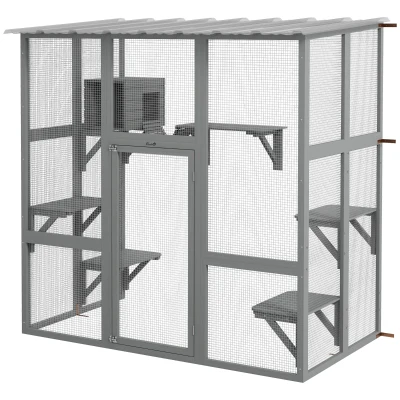 PawHut Outdoor Cat Enclosure Window Box with Weatherproof Roof, Bridge, Resting Box, Platforms, for 2 Kittens, Grey