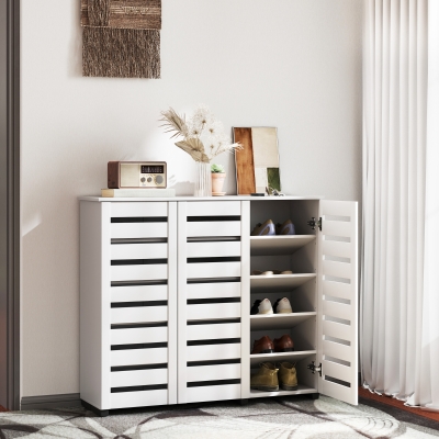 HOMCOM Narrow Shoe Cabinet with Slatted Doors, Adjustable Shelves for 20 Pairs of Shoes, Shoe Cabinet for Entryway, White