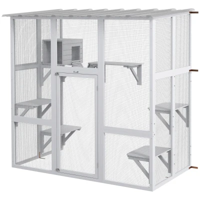 PawHut Outdoor Cat Enclosure Window Box with Weatherproof Roof, Bridge, Resting Box, Platforms, for 2 Kittens, White