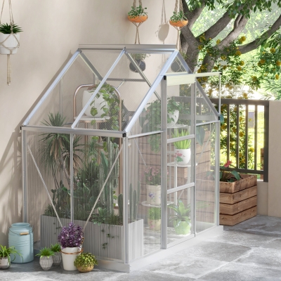 Outsunny 6' x 4' Walk-In Greenhouse, Polycarbonate Greenhouse with Sliding Door, Window, Aluminium Frame, Foundation, Silver