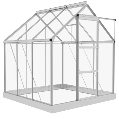 Outsunny 6' x 6' Walk-In Greenhouse, Polycarbonate Greenhouse with Sliding Door, Window, Aluminium Frame, Foundation, Silver