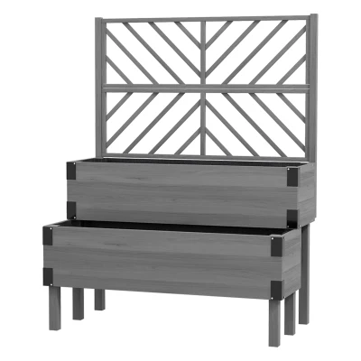 Outsunny Raised Garden Bed with Trellis, 2 Tier Wooden Elevated Planter Box  for Vegetables, Flowers, Herbs, Grey