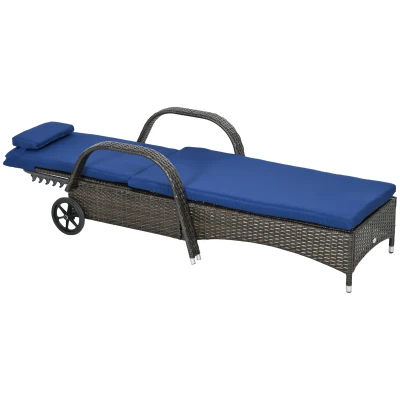 Outsunny Outdoor Lounger, Deck Lounge Chair with Headrest, 5-Level Adjustable, Backrest, Wheels, Mixed Brown and Dark Blue