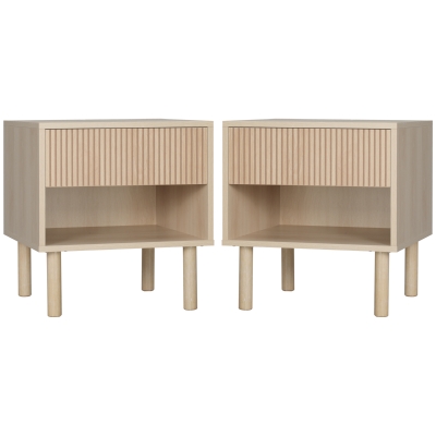 HOMCOM Set of 2 Bedroom Nightstands, Side Table with Storage Shelf and Drawer for Living Room, Bedroom, Natural Wood