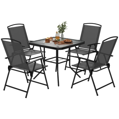 Outsunny 5 Pieces Outdoor Patio Dining Set with Glass Top Table and 4 Mesh Folding Chairs, Small Outdoor Patio Furniture, Grey