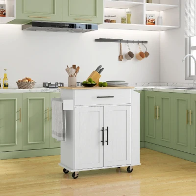 HOMCOM Rolling Kitchen Island with Power Outlets, Drawer & Doors, White